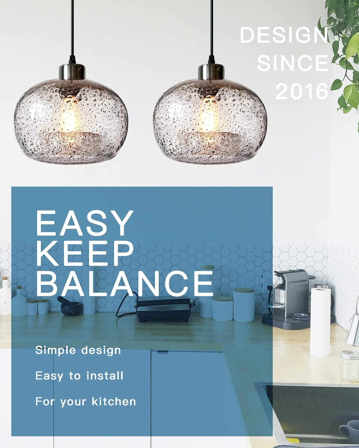 CASAMOTION Pendant Lights Kitchen Island,Clear Seeded Glass with Black Sand Powder,Modern Farmhouse Ceiling Hanging Lighting Fixtures,Dining Room Table Bedroom Oval Globe 8.7 Inch Diam 2 Pack