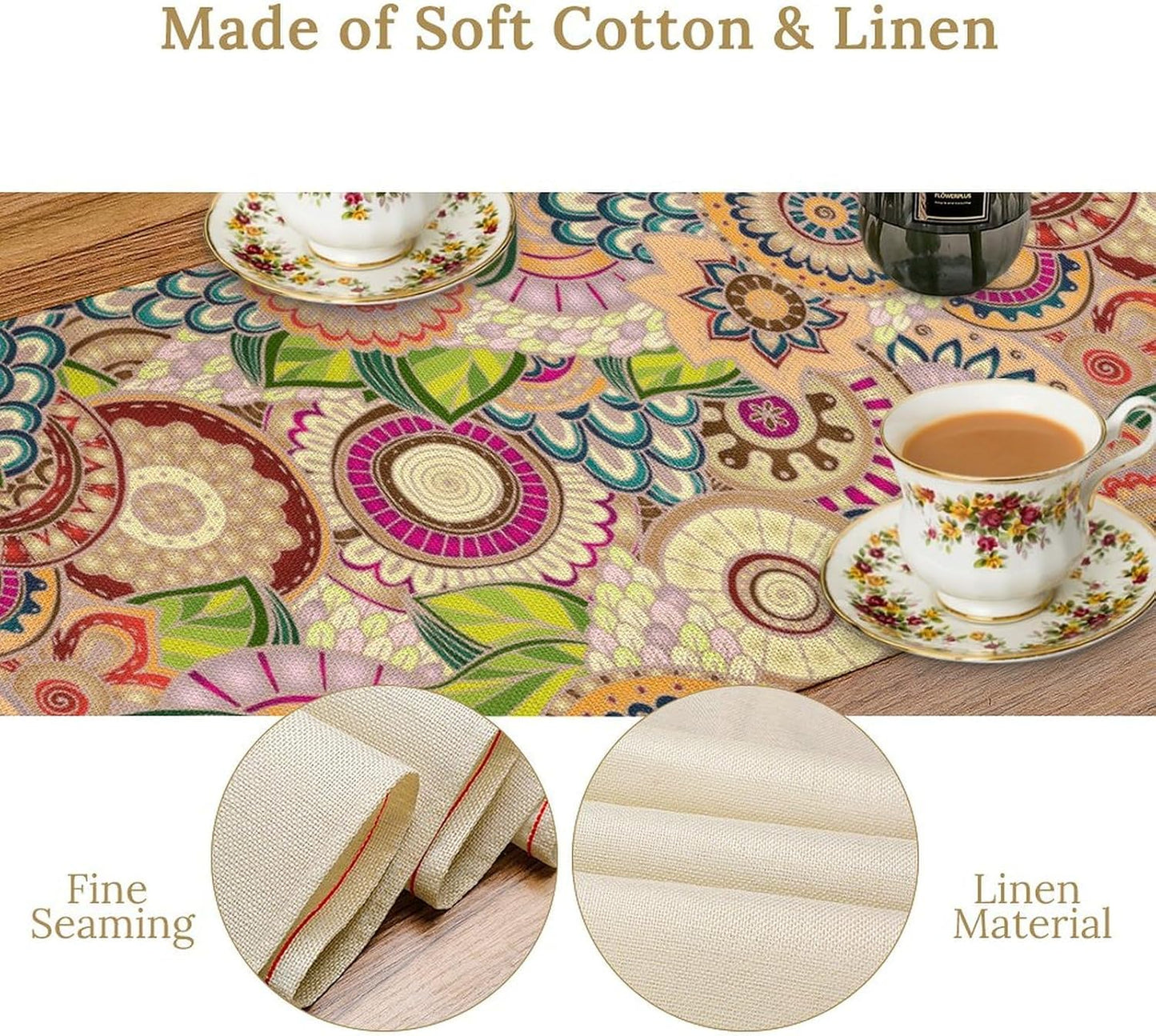 Boho Floral Table Runner,Retro Bohemian Flower Table Runner for Kitchen Dining Table Home Party Decoration 13x120 Inch