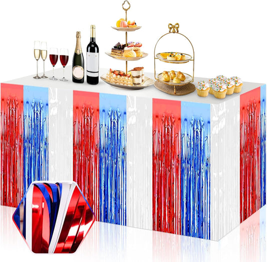 3 Pack 29x108 Inch White Blue Red Foil Fringe Table Skirts Metallic Banner for Tinsel Streamer Garland Backdrop for Parade Floats Wedding Thanksgiving Birthday Christmas Halloween Party Decoration