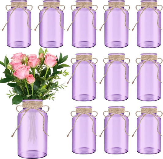 Vintage Glass Flower Vase，12 Pack Farmhouse Purple Glass Centerpiece Vases Mason Jars for Weddings, Parties & Home Decor Bulk (12, Purple)