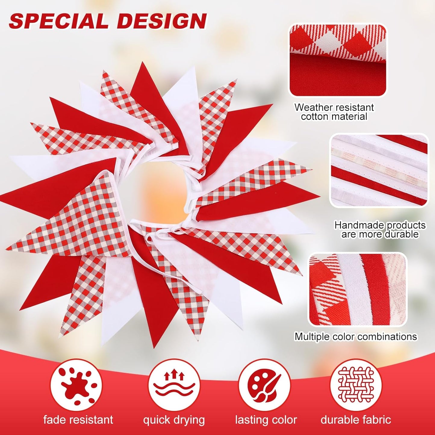 Red Plaid Checkered White Pennant Banner Flag Triangle Bunting Garland Decorations for Wedding Birthday Carnival Christmas Outdoor Home Festivals 33Feet 30 Pcs