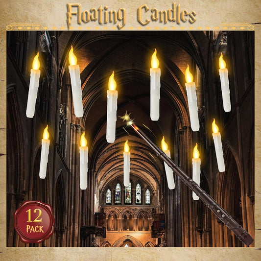 Halloween Decorations, Floating Candles with Wand, 12 PCS Magic Hanging Candles, Flickering Flameless Floating LED Candle, Witch Wizard Christmas Decor for Home Classroom Bedroom Church Birthday Party