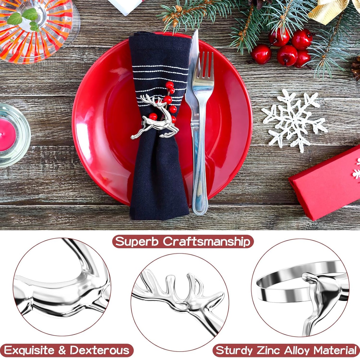 ZeeDix Silver Reindeer Christmas Napkin Rings Set of 6, Napkin Holder Ring for Christmas Dinner Table Decor Cloth Napkins, Wedding Receptions, Holiday Party, Banquet and Home Kitchen