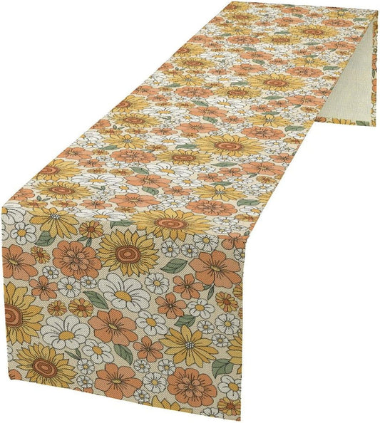 Vintage Floral Table Runner,Boho 70s Style Retro Daisies Flower Table Runner for Kitchen Dining Table Home Party Decoration 13x72 Inch