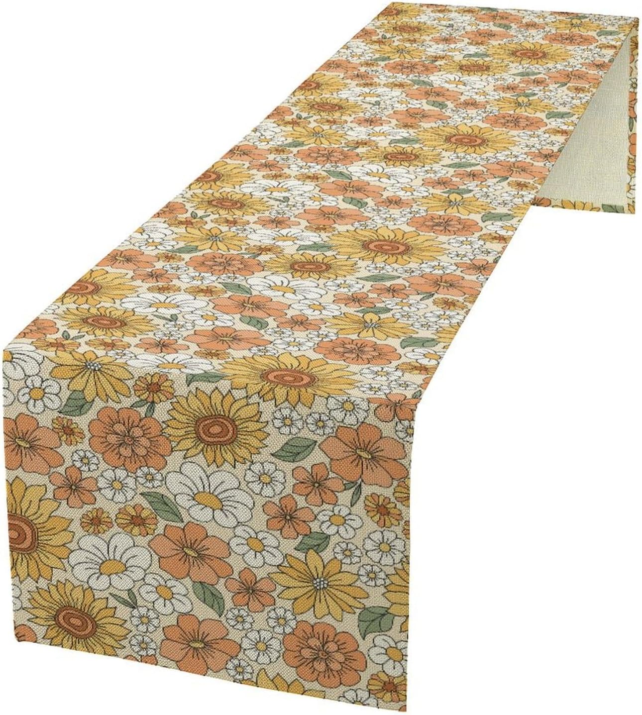 Vintage Floral Table Runner,Boho 70s Style Retro Daisies Flower Table Runner for Kitchen Dining Table Home Party Decoration 13x60 Inch