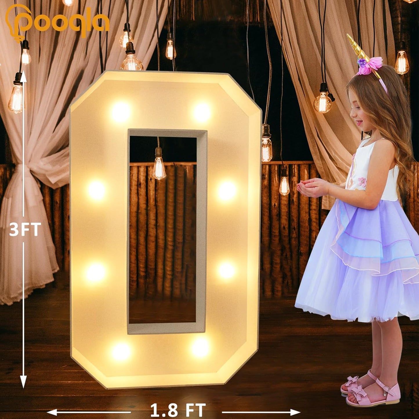 Pooqla 3FT Light Up Numbers, LED Giant Lighted Marquee Numbers, Mosaic Numbers for Balloons for 10th Birthday Decoration Anniversary Wedding Party Decor, Pre-Cut Frame Large Number 0
