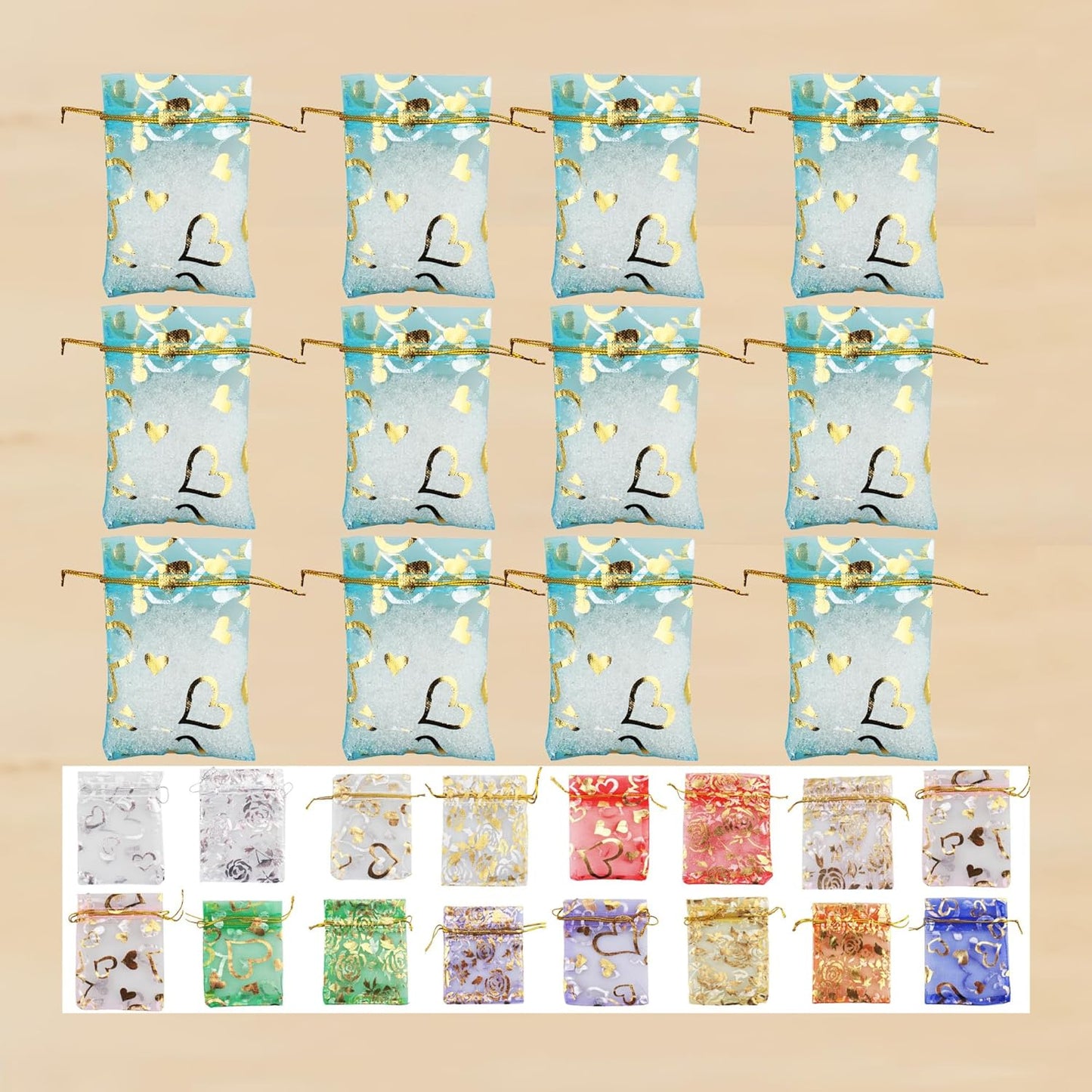 QIANHAILIZZ 100 Pack 2.8 x 3.5 Inch Flower Heart Organza Jewelry Gift Pouch Candy Pouch Drawstring Wedding Favor Bags B511S (turquoise gold heart)