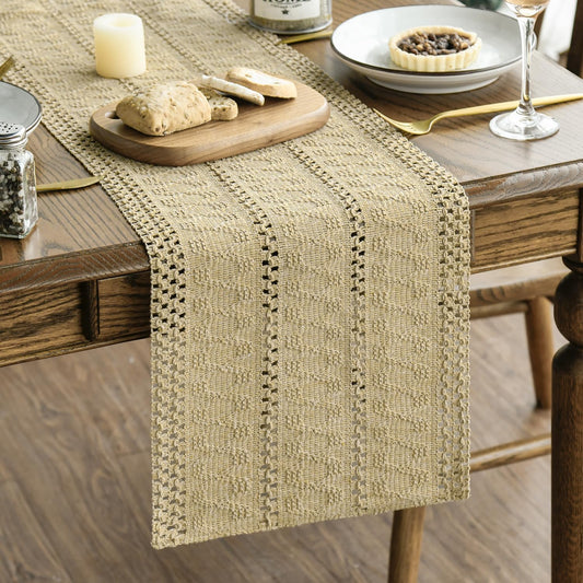 Artoid Mode Burlap Brown Farmhouse Woven Rustic Hollow Table Runner, Seasonal Holiday Hollow Kitchen Dining Table Decoration for Home Party Decor 12x72 Inch