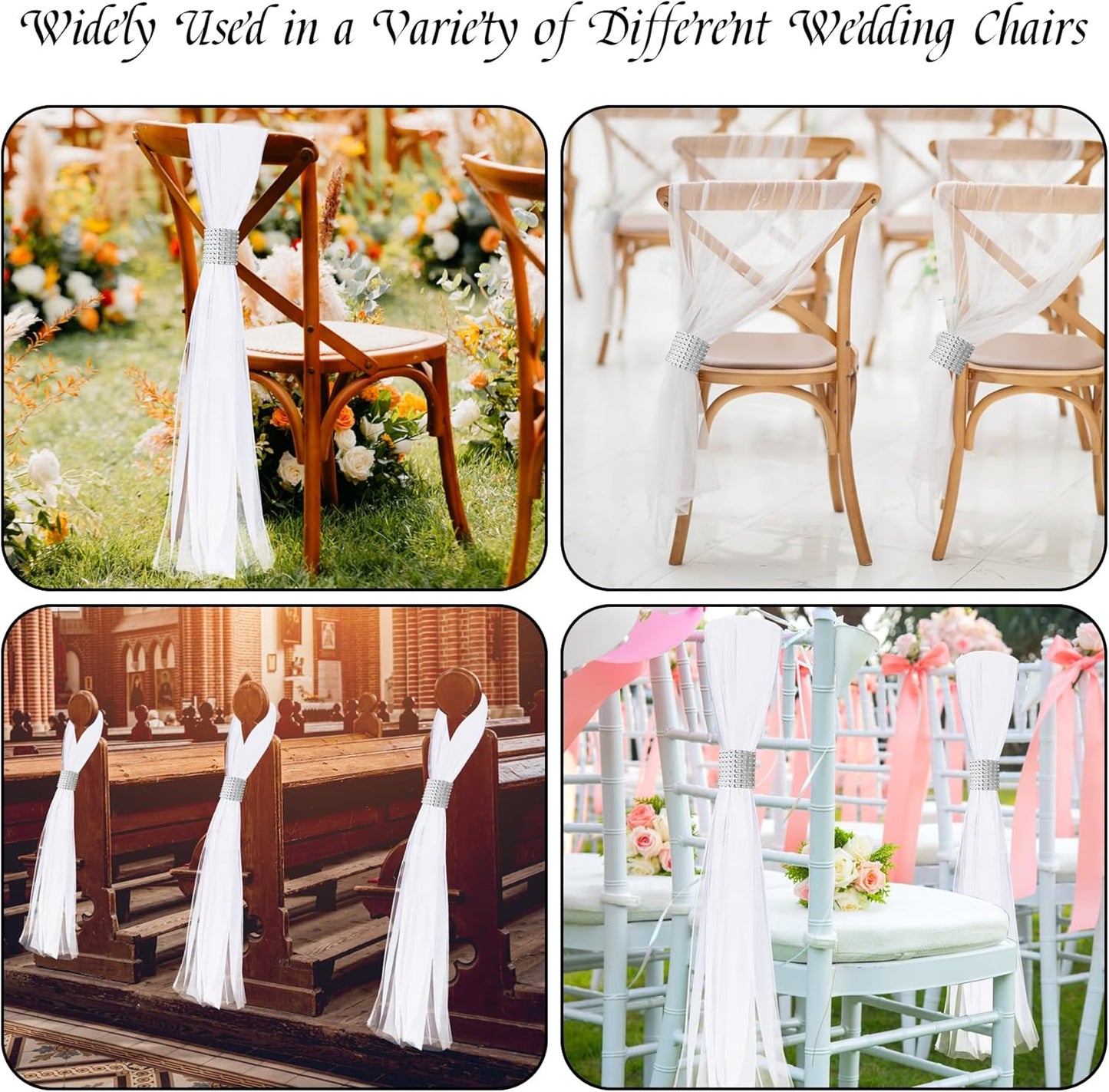 26 Sets Large White Pew Bows Tulle Wedding Aisle Chair Decorations, Extended Church Pew Decor Aisle Flowers Runner for Weddings Ceremony Outside Decorations(Silver)