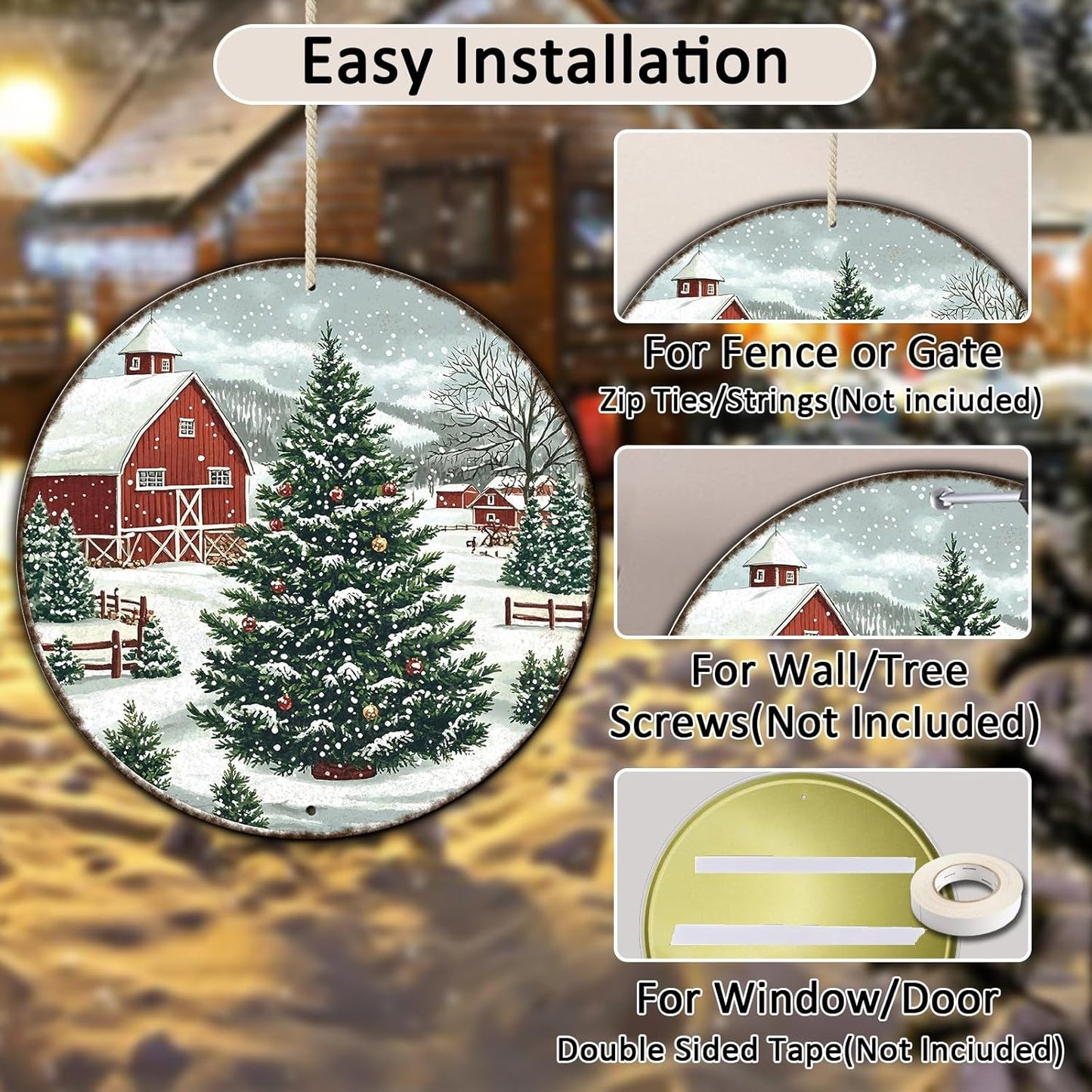 Round Christmas Trees Barn Metal Tin Sign Christmas Vintage Tin Sign for Kitchen Cafe Bar Farmhouse Home Wall Decor Art Winter Decoration 12 * 12 in