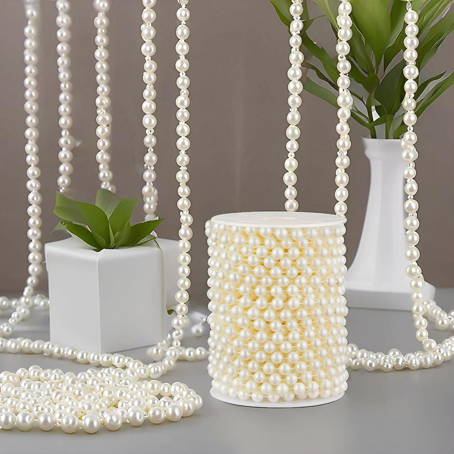 48 Feet Faux Pearl Beads Garland 8mm Craft String Pearls for Wedding Centerpiece Christmas Tree and Flowers Decoration DIY (Ivory)