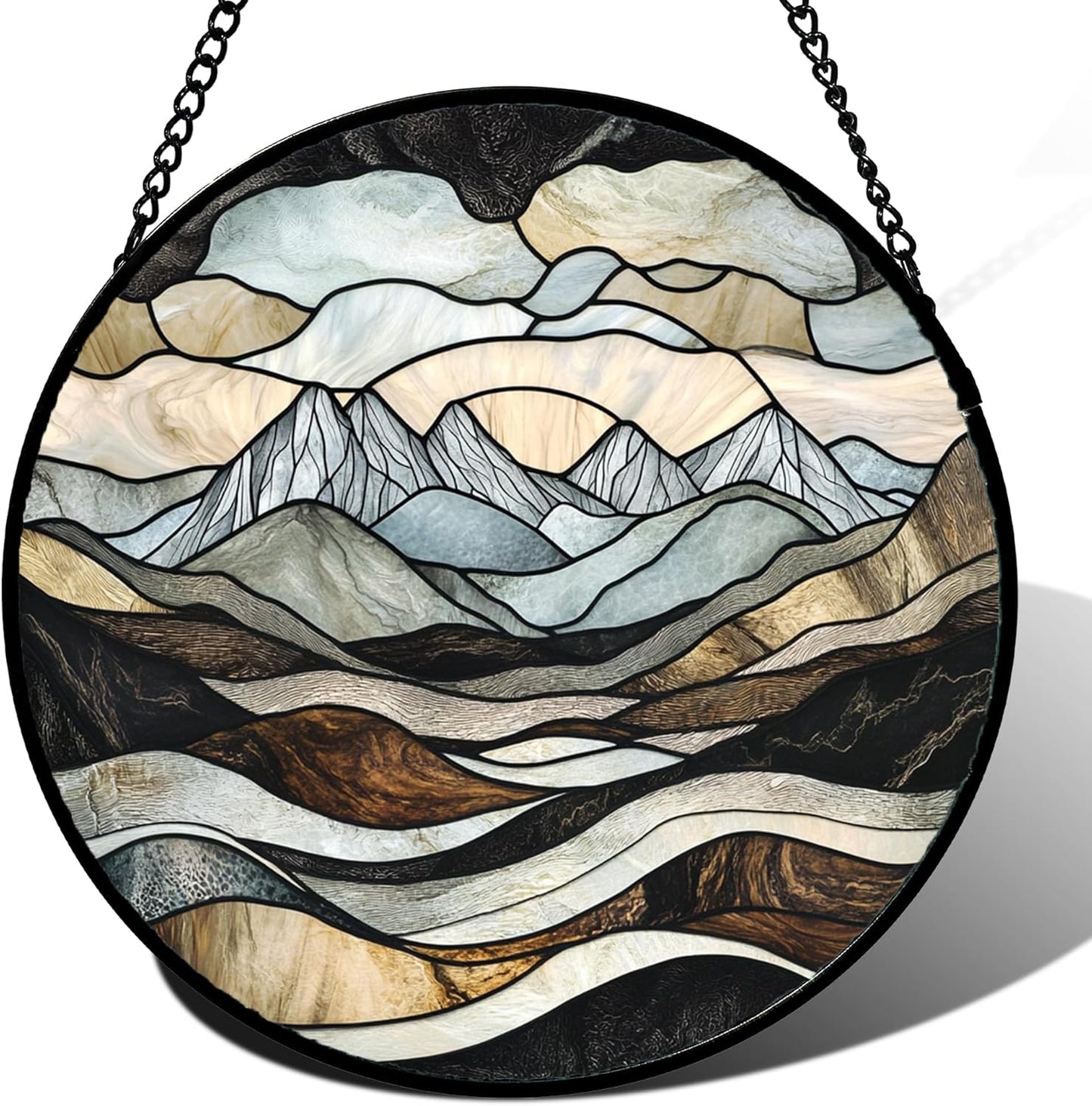 Stained Glass Window Hanging - Grey Mountains Landscape Suncatcher for Doors Garden Patio Retro Sun Catchers Decor Christmas Mother's Day Birthday Gifts for Women Men Mom Nana Friend 11.8 in