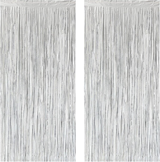 Silver Foil Fringe Curtain 3.3×8.3FT 2 Packs, Metallic Tinsel Curtains Party Streamers for Birthday Graduation Baby Shower Decoration (2pcs,3.3FT×8.3FT, Silver)