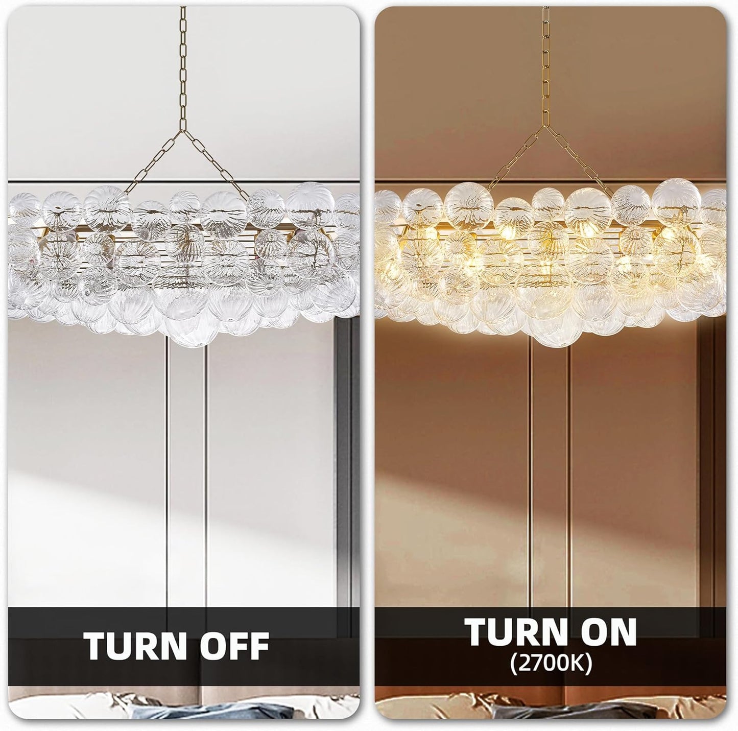 Nordic Bubble Ball Swirled Glass Chandelier, 36" Long Rectangular Chandeliers Island Light Fixture Gold and Clear Blown Glass Large Pendant Light Fixture for Bedroom Study Restaurant Dining Table