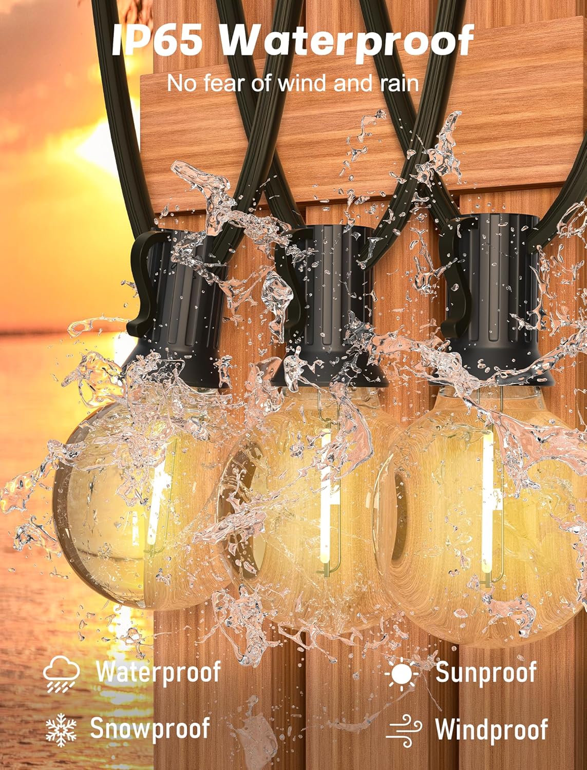 SUNSGNE 100Ft LED Outdoor String Lights - G40 Globe String Lights Waterproof Shatterproof with 52 Dimmable LED Bulbs for Room Party Bistro Pergola Tents, Black Wire