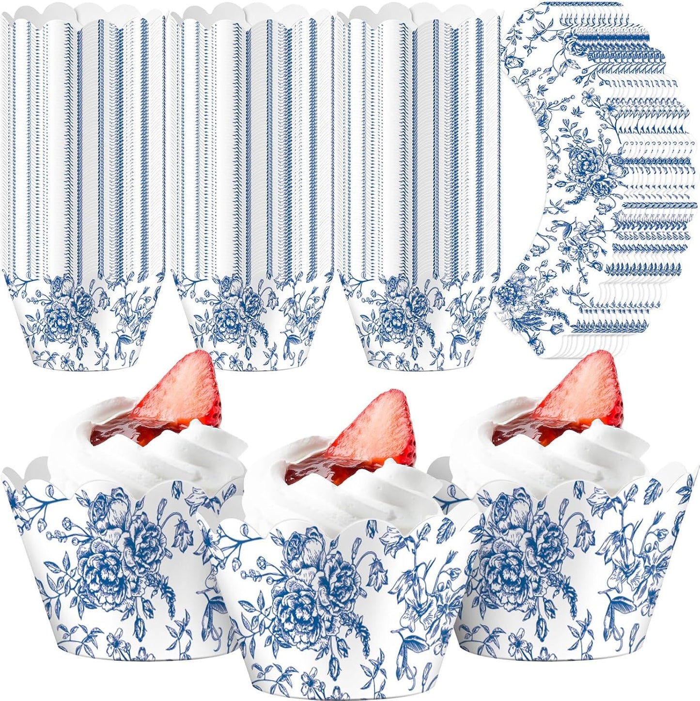 Domensi 100 Pcs Blue Floral Cupcake Wrappers Rustic Cupcake Liners Baking Cups Baking Liners for Wedding Bridal Baby Shower Birthday Party Supplies Dessert Decoration, Blue