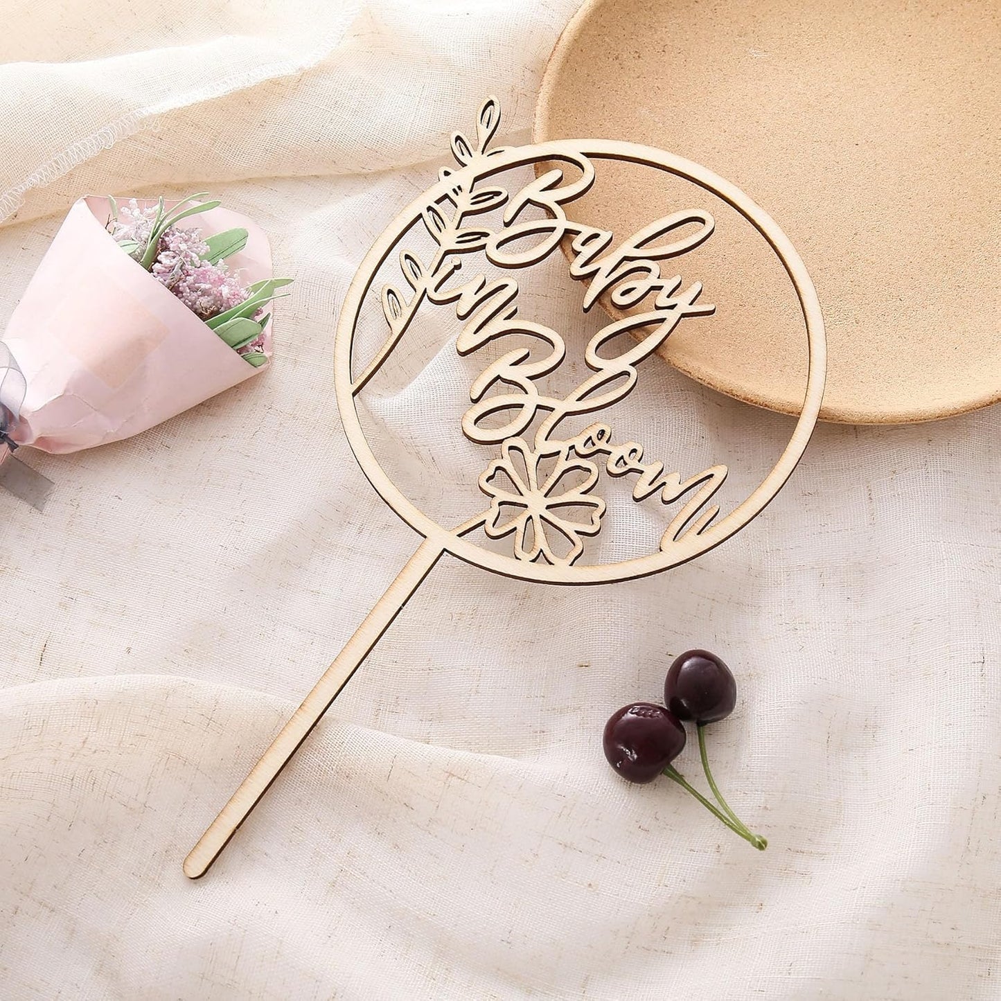 Baby in Bloom Wood Cake Topper - Baby Shower and Gender Reveal Wooden Cake Sign Decoration Photo Props
