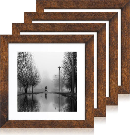 10x10 Picture Frame Set of 4 with Real Glass, Rustic Frames Display 8x8 Picture with Mat or 10 x 10 Without Mat, Wooden Square Photo Frame for Wall Mount and Tabletop Display