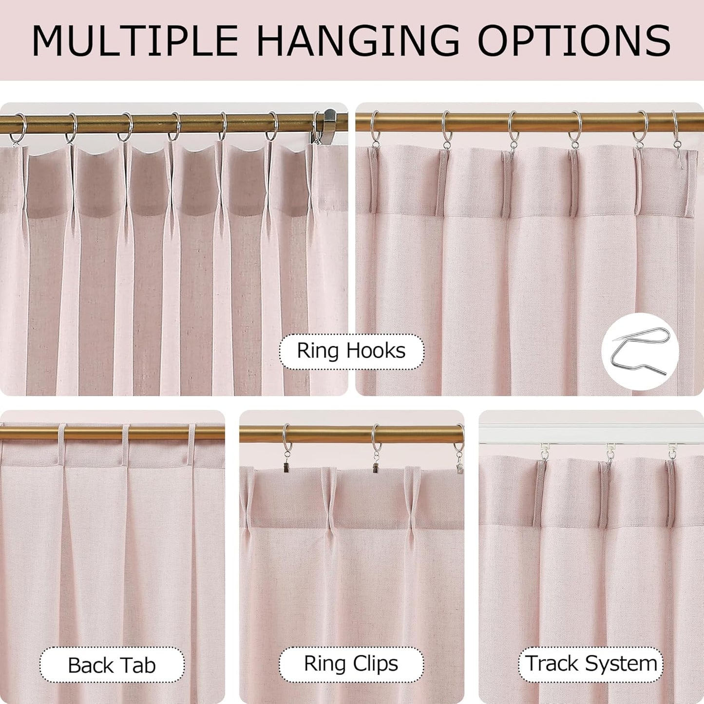 Vision Home Soft Pink Pinch Pleated Semi Sheer Curtains Textured Linen Blended Light Filtering Window Curtains 95 inch for Living Room Bedroom Patio Pinch Pleat Drapes with Hooks 1 Panel 60" Wx95 L