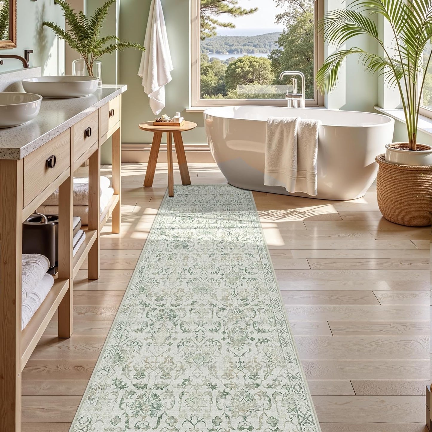 Green 3x12 Runner Rug for Hallways Bed Side Kitchen, Boho Washable Distressed Low-Pile Floor Entryway Long Bathroom Mat, Non-Slip Laundry Room Washstand Front Carpet Green 36x144 Inch