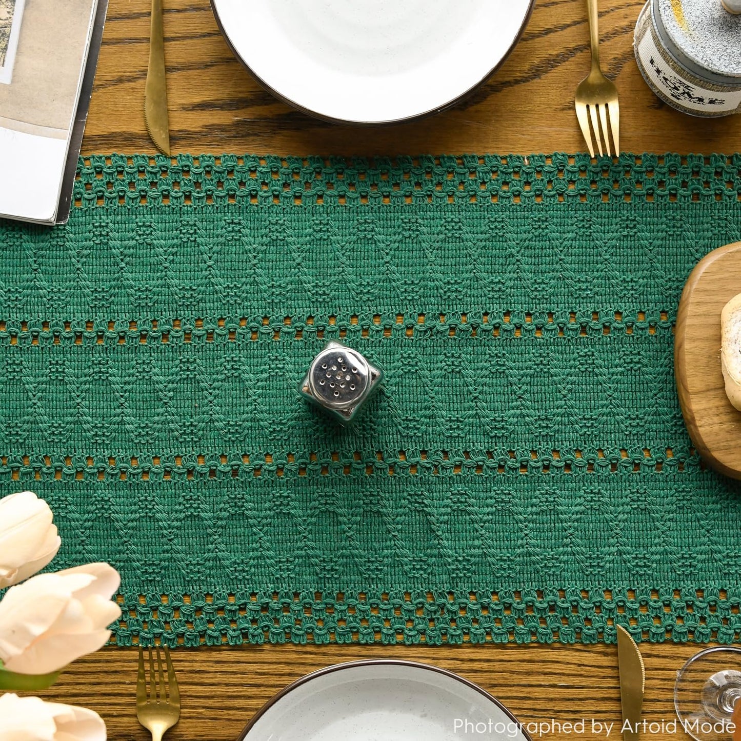 Artoid Mode Dark Green Farmhouse Woven Rustic Hollow Table Runner, Seasonal Holiday Hollow Kitchen Dining Table Decoration for Home Party Decor 12x60 Inch