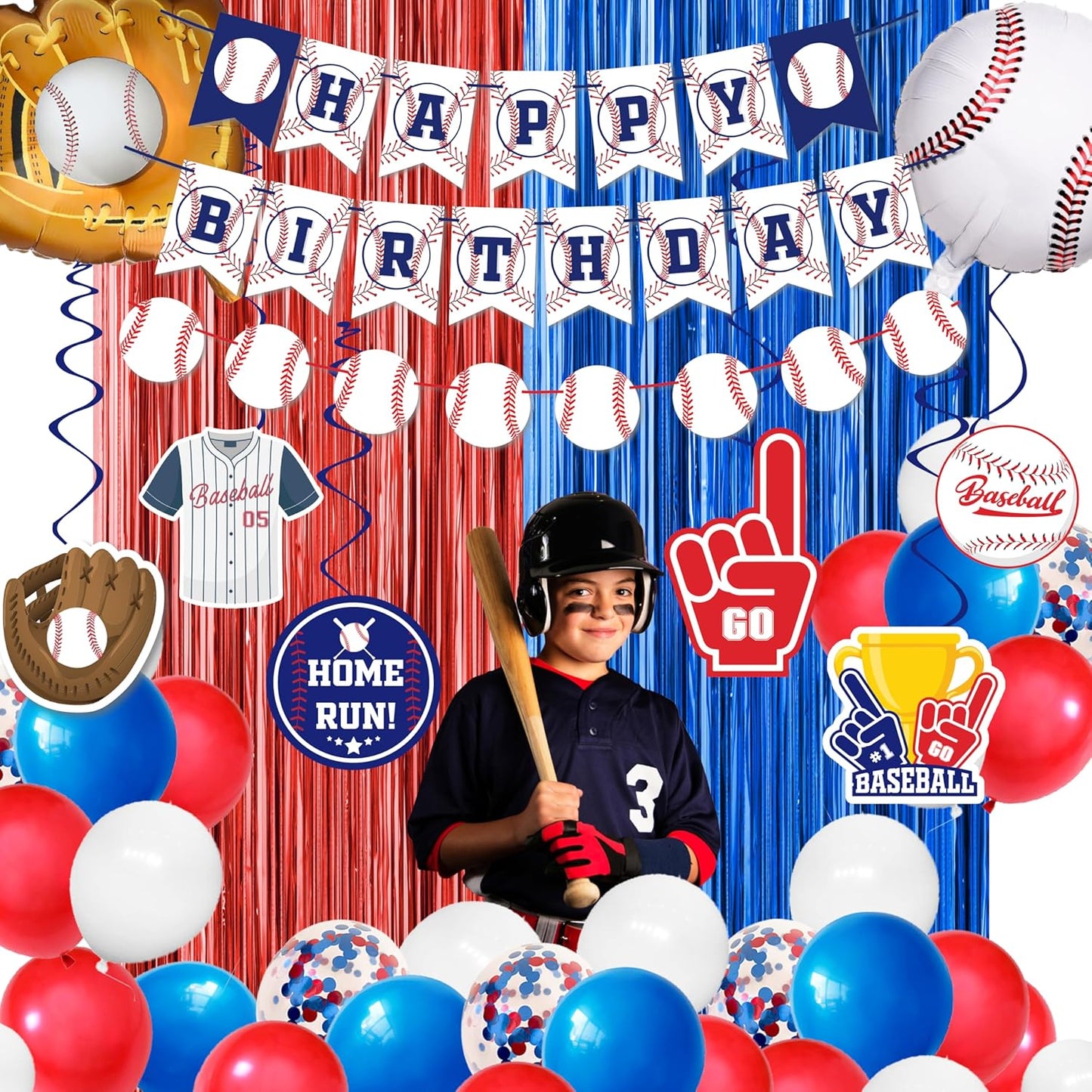 Baseball Party Decorations, Baseball Birthday Party Supplies Kit, Include Sport Themed Birthday banner, Foil Fringe,Hanging Swirls, Baseball Balloons, Cake&Cupcake Toppers
