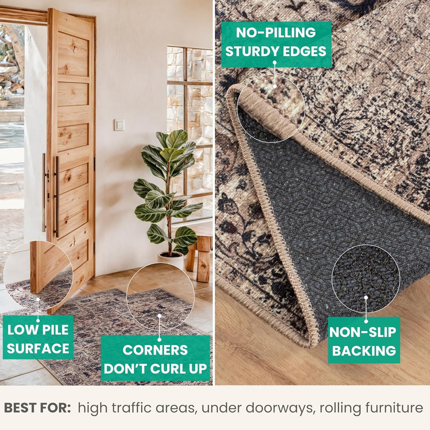 Bloom Rugs Washable Non-Slip 7 ft Runner - Light Tan/Blue Traditional Oriental Runner for Entryway, Hallway, Bathroom, and Kitchen - Exact Size: 2.5' x 7'