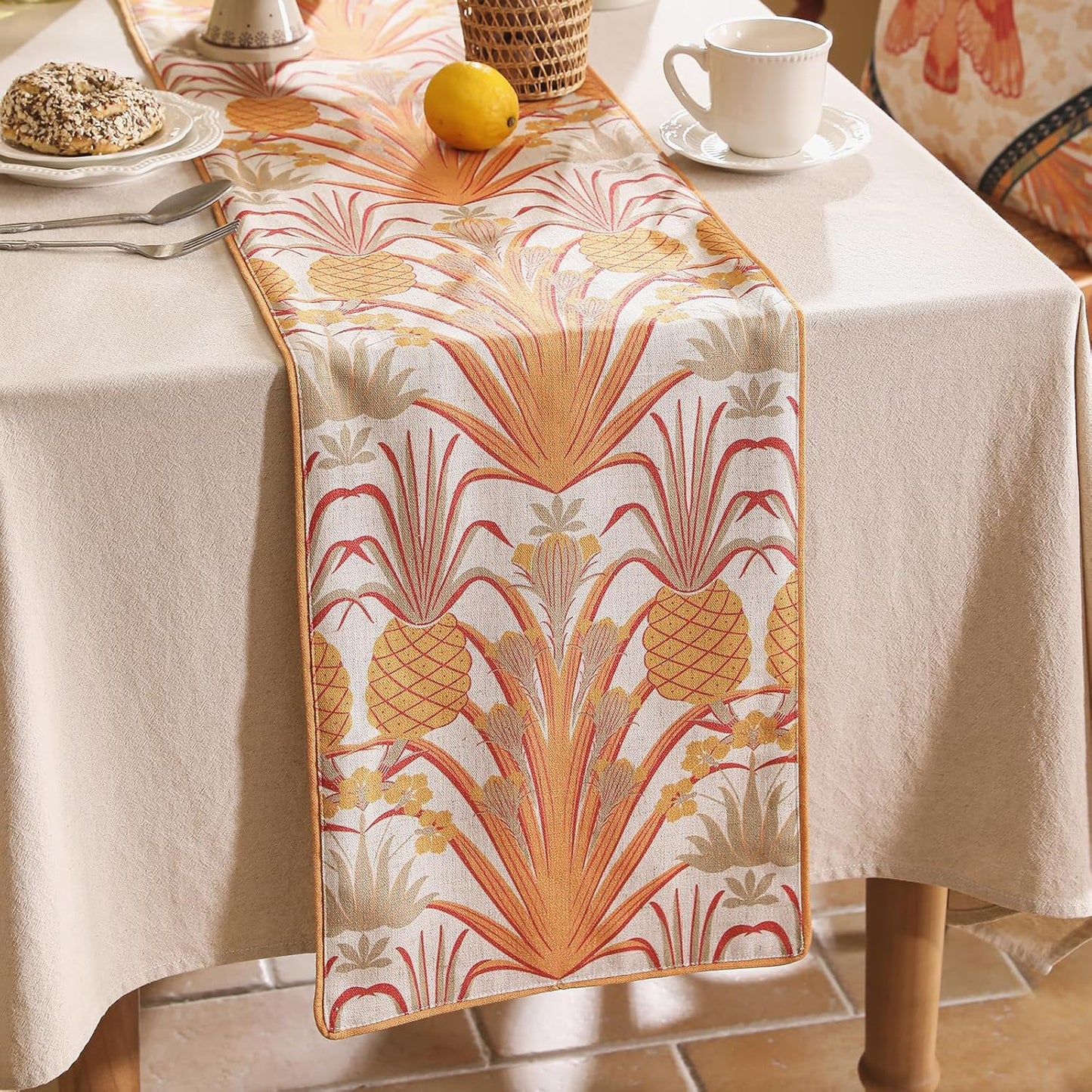 patdrea Designer Tropical Linen Table Runner 71 Inch Long, Yellow Vintage Elegant with Pineapple Pattern Table Mat,Decoration for Kitchen Dining Coffee Table Cover Banquet Christmas , 12"*71"