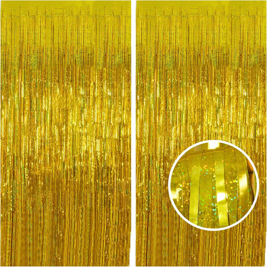 Melsan Gold Foil Curtain, 2 Pack 3.2 ft x 8.2 ft Tinsel Foil Fringe Curtains Backdrop, Sparkle Metallic Foil Fringe Curtains for Class of 2025 Retirement Fathers Day Decorations Photo Booth Props