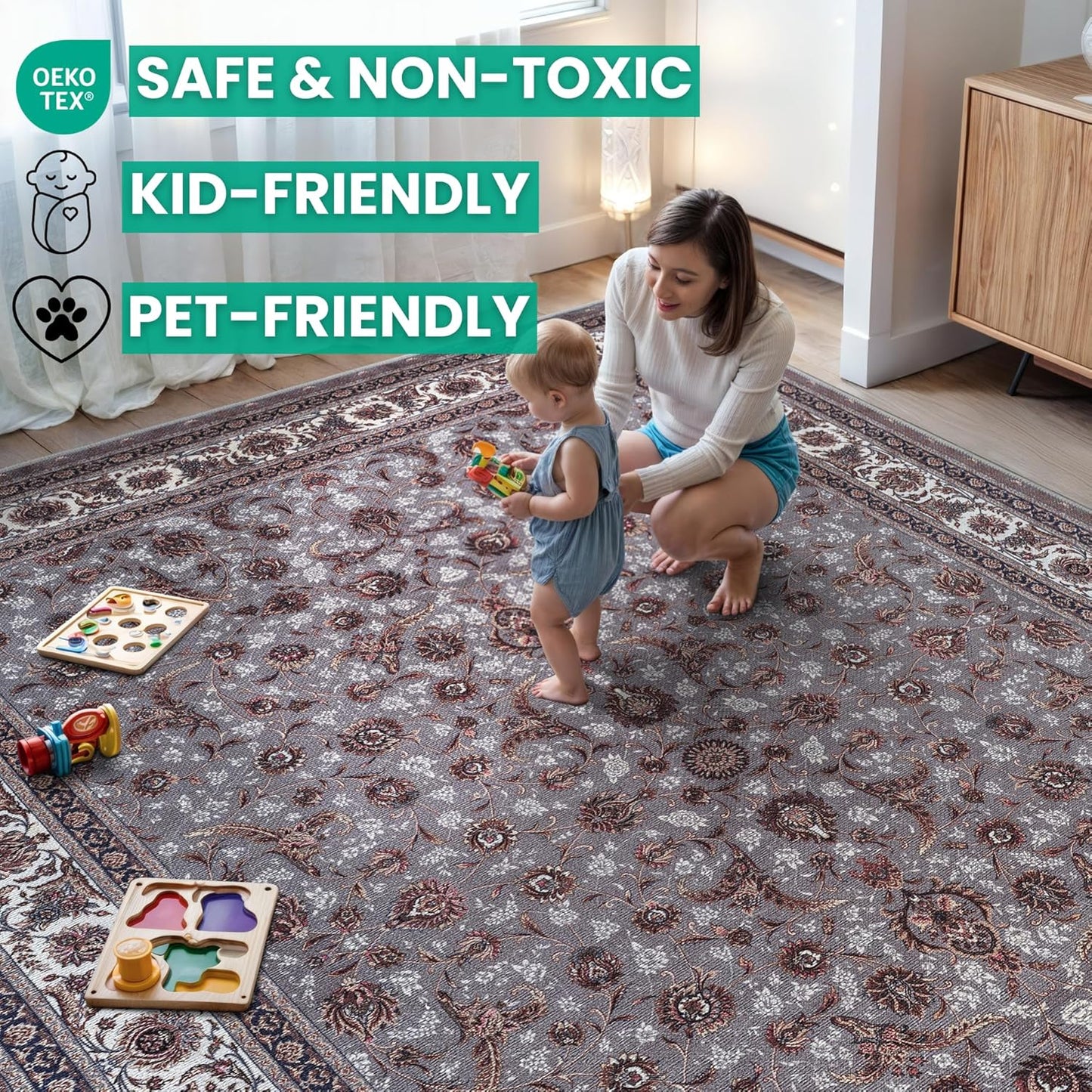 Bloom Rugs Washable Non-Slip 5' x 7' Rug - Slate Gray Traditional Oriental Area Rug for Living Room, Bedroom, Dining Room, and Kitchen - Exact Size: 5' x 7'