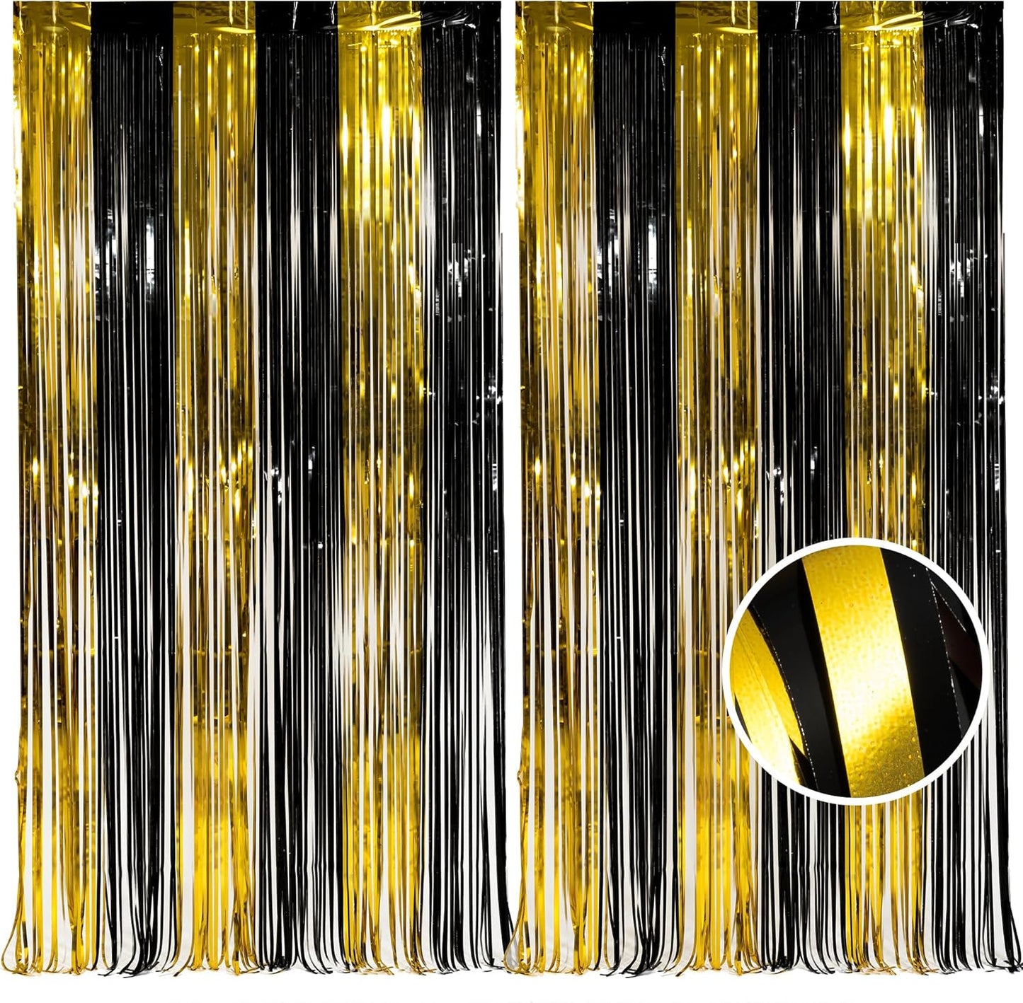 BRAVESHINE 3.2 x 8.2 ft Black Gold Foil Fringe Curtains - 2 Pack Metallic Photo Booth Streamers Backdrop for Boy Men Birthdays/New Years/Graduates/Homecoming/Farewell/Prom/Ramarak Party Decorations
