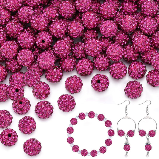 150 pcs 10mm Rhinestone Beads for Jewelry Making, Fuchsia Shiny Round Shamballa Disco Beads Bulk, Sparkle Crystal Clay Christmas for Bracelet Baseball Necklace Earring Crafting and DIY