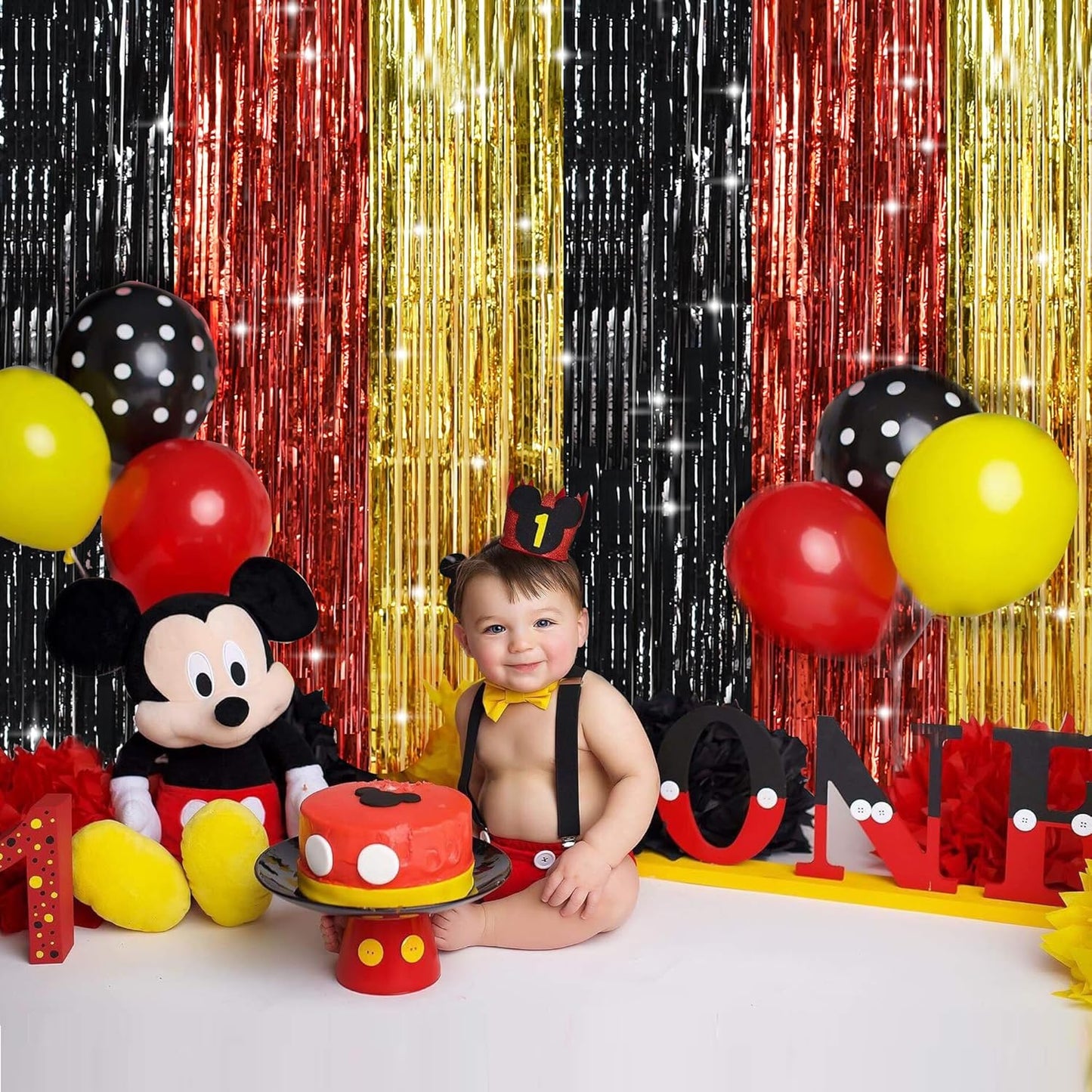 TONIFUL Black Red Gold Door Streamers,Black Red and Gold Photo Booth Backdrop Metallic Streamers Foil Fringe Curtain for Mouse Themed Birthday,New Year,Graduation,Baby Shower Party Decoration