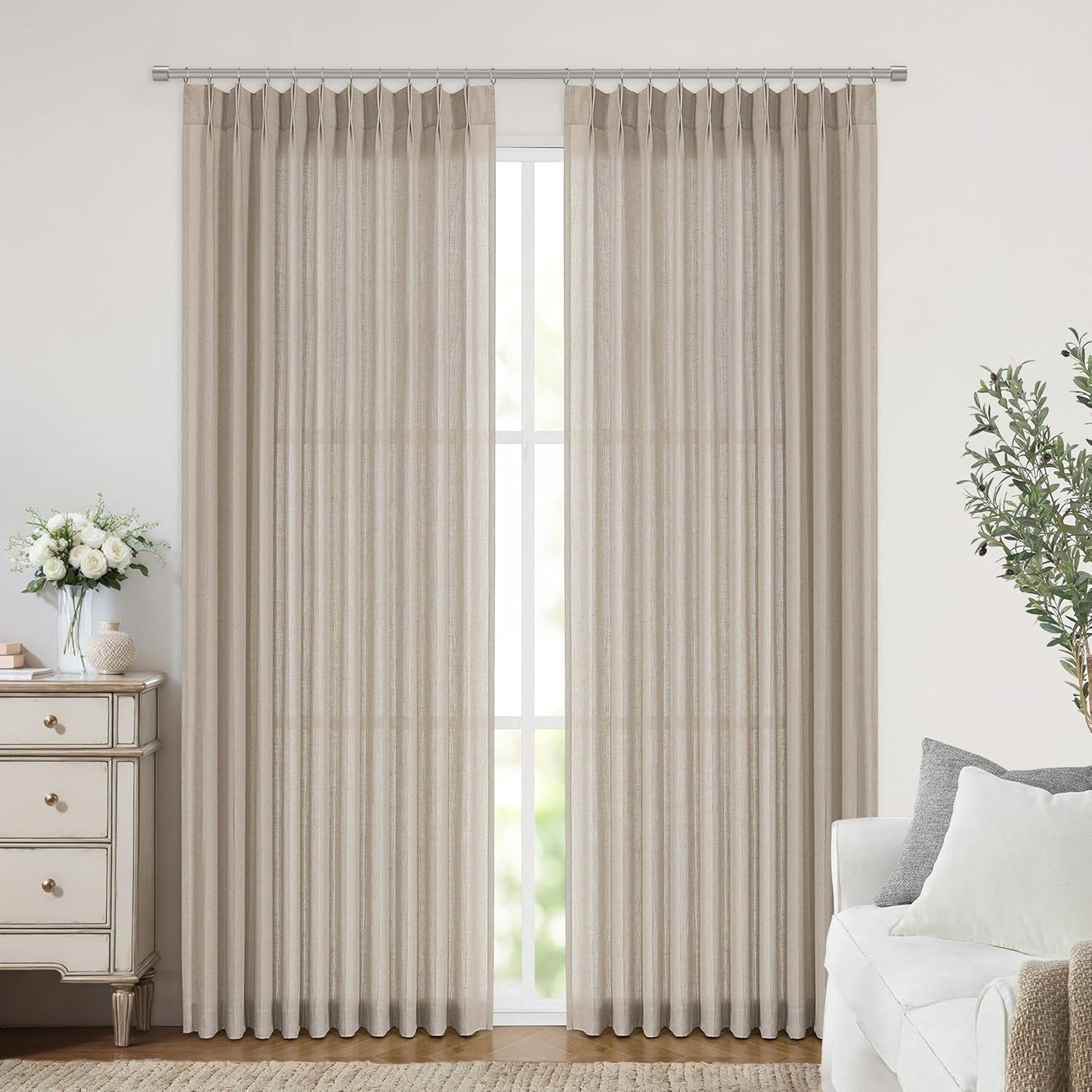 Vision Home Sand Pinch Pleated Semi Sheer Curtains Textured Linen Blended Light Filtering Window Curtains 112 inch for Living Room Bedroom Patio Pinch Pleat Drapes with Hooks 1 Panel 60" Wx112 L