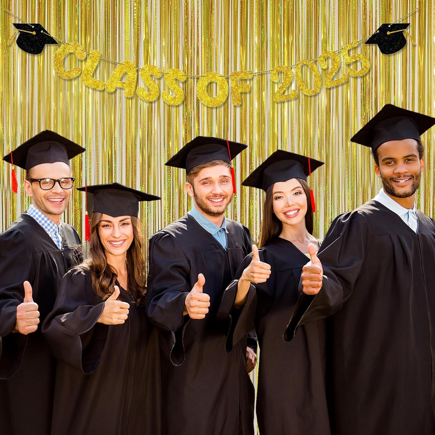 Melsan Gold Foil Curtain, 2 Pack 3.2 ft x 8.2 ft Tinsel Foil Fringe Curtains Backdrop, Sparkle Metallic Foil Fringe Curtains for Class of 2025 Retirement Fathers Day Decorations Photo Booth Props