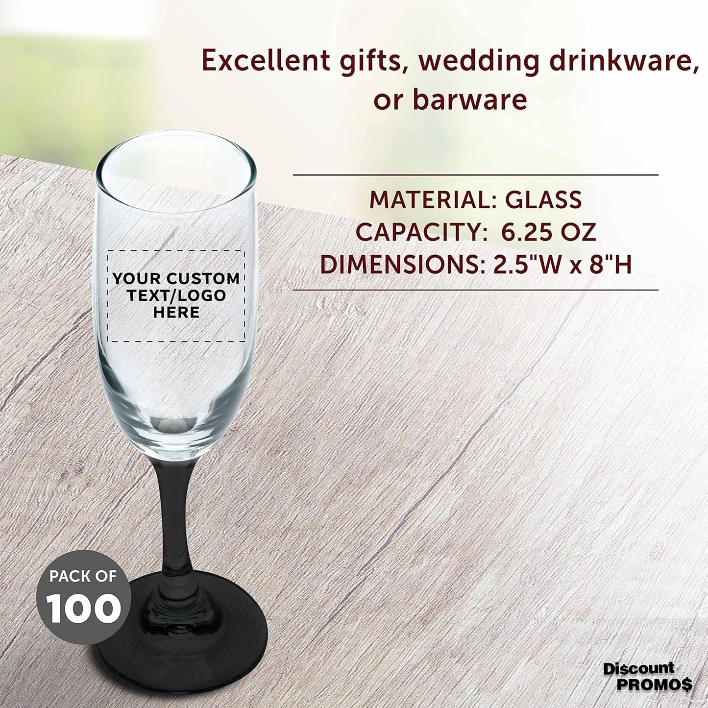 DISCOUNT PROMOS Custom Premiere Champagne Flutes 6.25 oz. Set of 100, Personalized Bulk Pack - Elegant Drinkware for Weddings, Events, & Promotional Gifts - Black