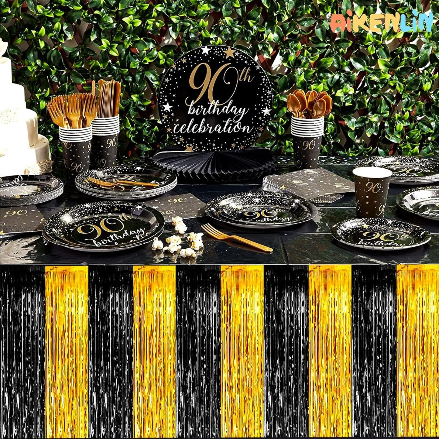 6 Pack 29x108 Inch Black Gold Metallic Foil Fringe Tinsel Table Skirts for Rectangle Tables Streamer Curtains Backdrop for Wedding, Parade Floats, Valentine's Day Birthday Graduation Party Decoration