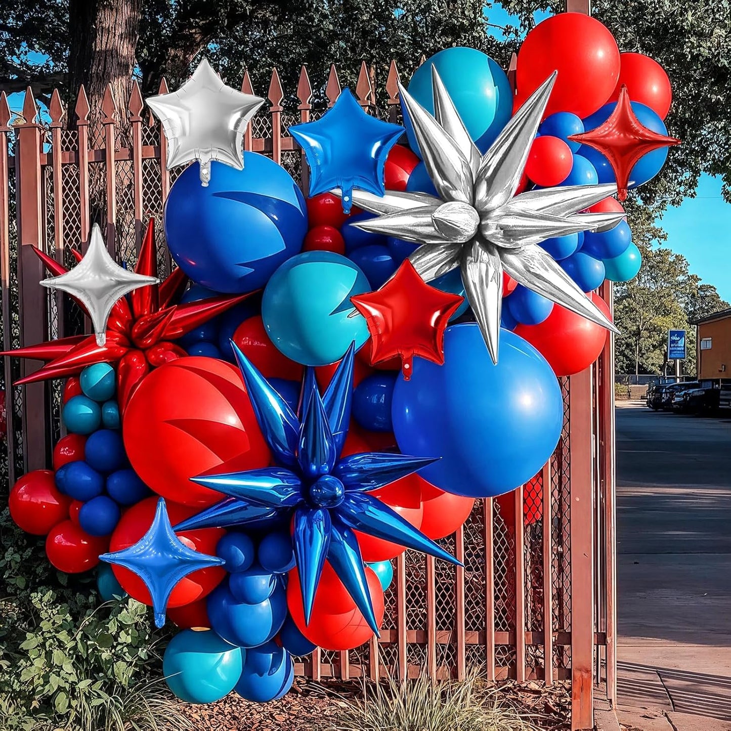Blue Red Silver Star Balloon,16Pcs Star Foil Balloons Set with 22Inch Explosion Spike Cone Balloons and 10Inch Quadrangle Helium Balloon for Birthday Wedding Baby Shower Party Decorations