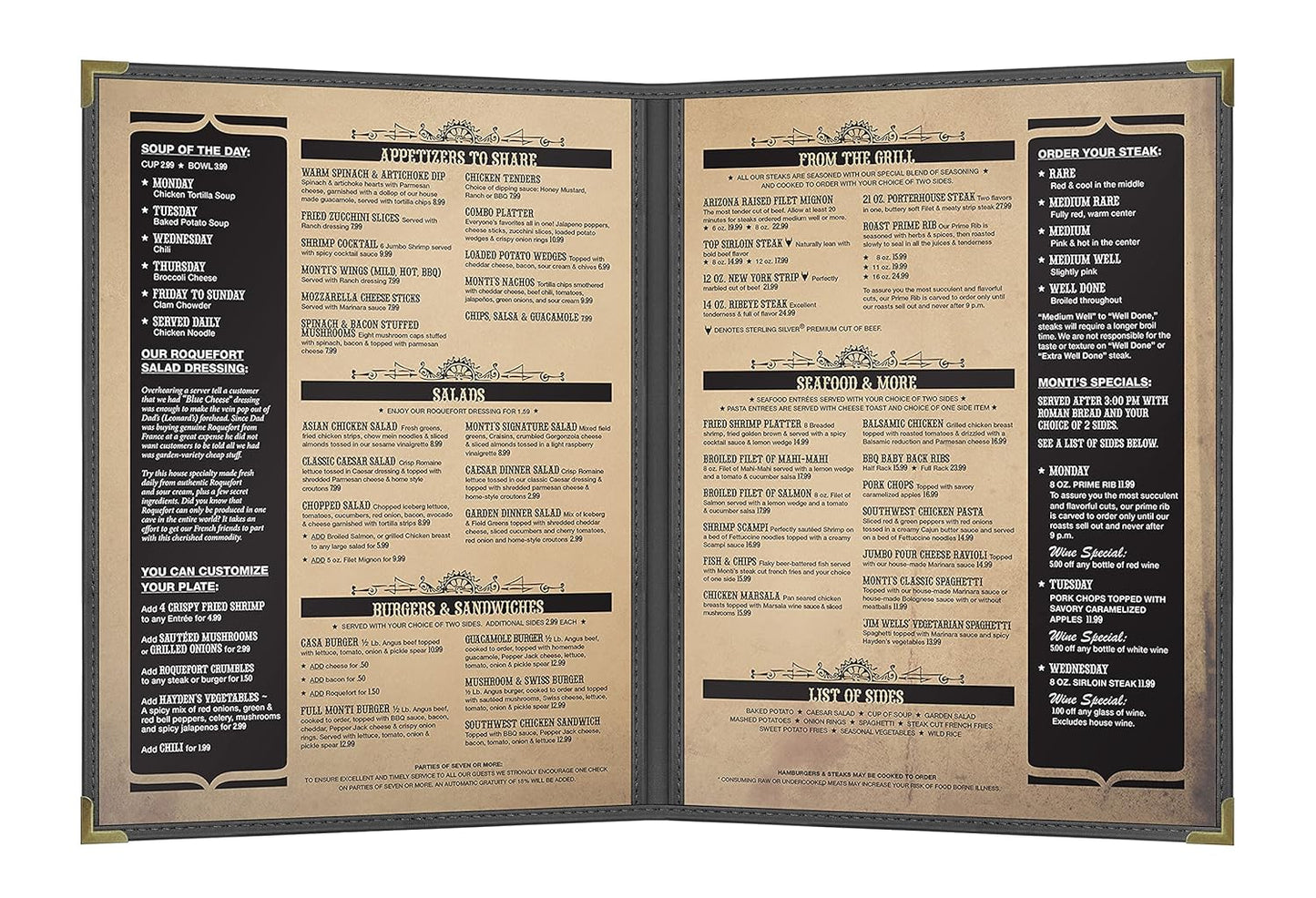 Goodsmart Pajco Style Restaurant Menu Covers – Pack of 10, Side-Loading Menu Holders, Single Stitched Edge, Clear Vinyl Menu Sleeves, Leatherette Trim, Gold Corners, Black, 2 View (8.5" x 11")