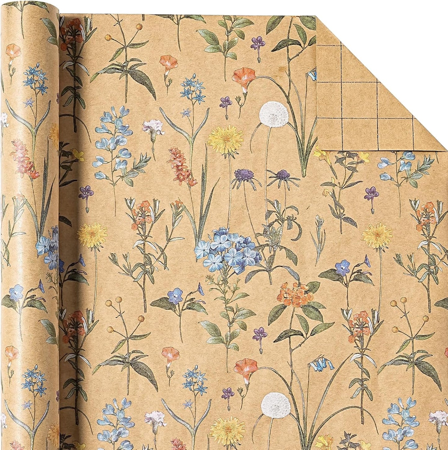 WRAPAHOLIC Kraft Floral Wrapping Paper Roll - Mini Roll - 17 Inch x 16.5 Feet - Wildflower Wrapping Paper Perfect for Girls Women Birthday, Wedding, Bridal Shower