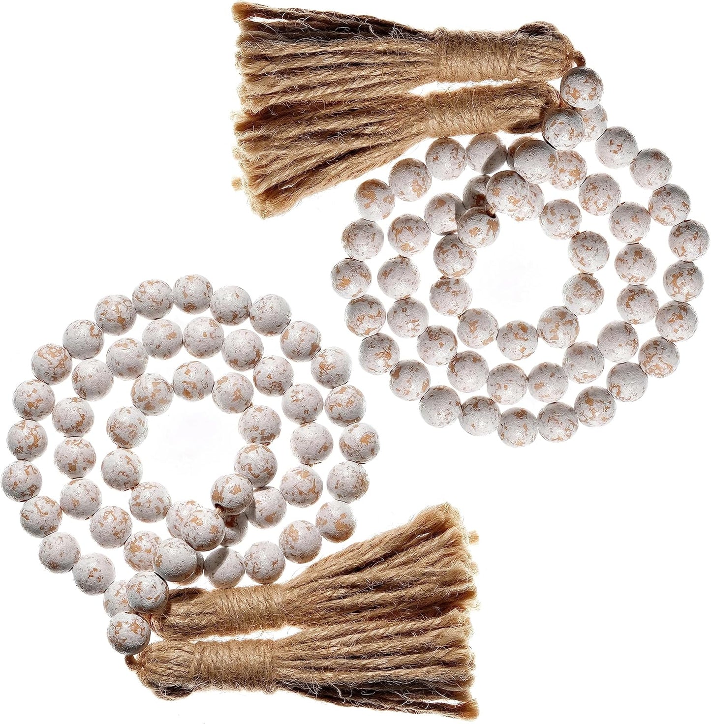 Farmhouse Wood Bead Garland Set of 2 with Tassels - Decorative Home Boho Beads