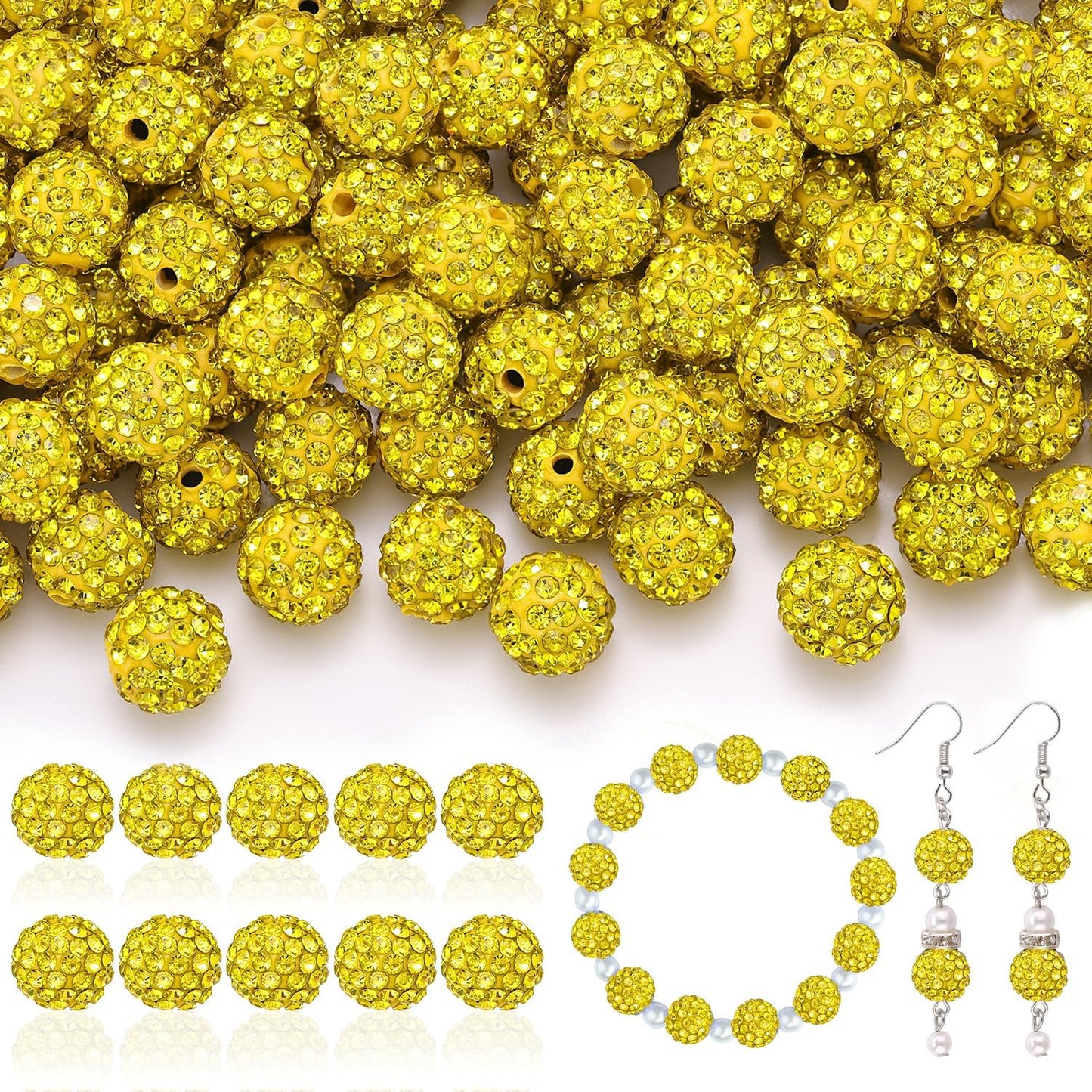 160pcs 10mm Rhinestone Beads for Jewelry Making, Yellow Shiny Round Disco Ball Beads Bulk, Sparkle Crystal Clay Christmas for Bracelet Baseball Necklace Earring Crafting and DIY