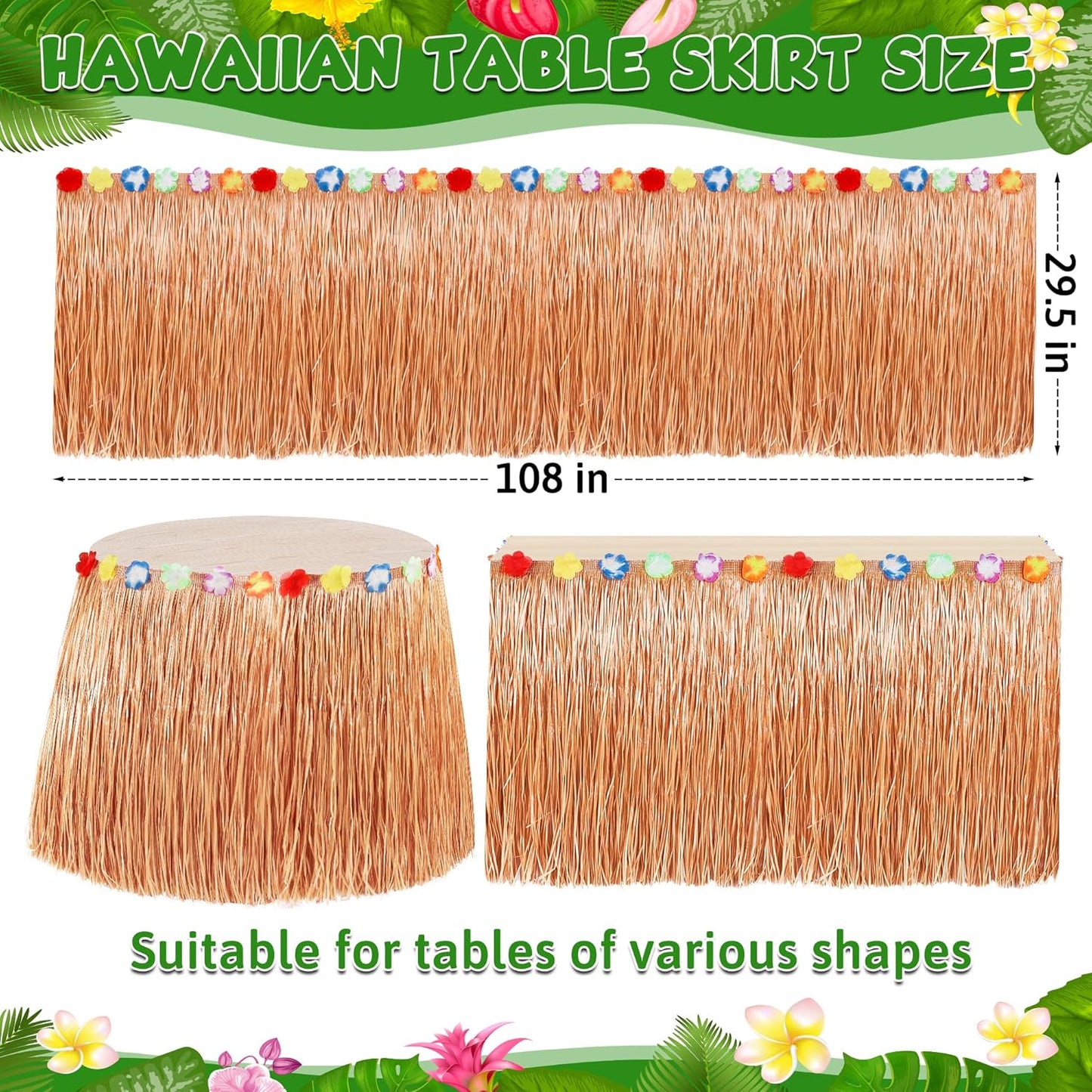 Luau Party Decorations, 1PCS Hawaiian Table Skirt Party Decorations, Luau Flower 108 X 29.5" Grass Table Skirts Luau Party Favors, Luau Table Skirt for Summer Tropical Hula Parties Decor Accessories