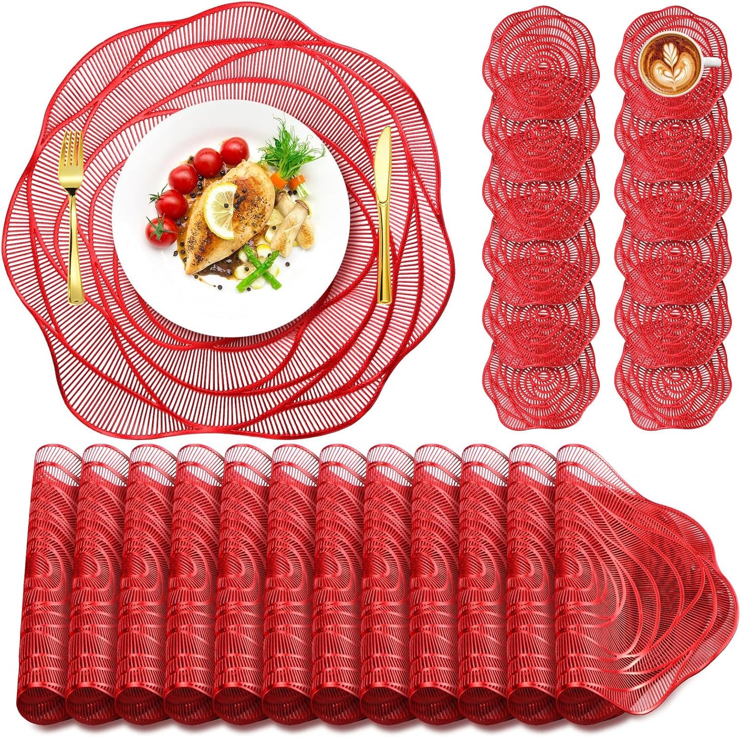 Sieral 12 Set 15 Inch Round Pressed Vinyl Placemats Hollow Out Rose Placemat Set Metallic Slip Resistant Place Mat Coaster Including Place Mats and Coasters for Wedding Dining Kitchen (Red)