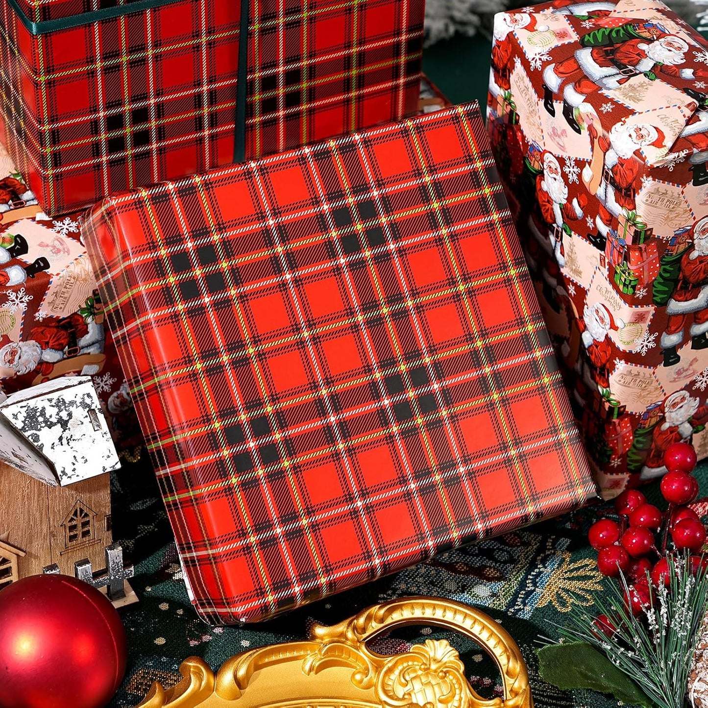 Ulmasinn Reversible Christmas Wrapping Paper Roll - 17" x33ft Double-Sided Designs with Santa and postcard & Plaid for Xmas Gift Wrap for Presents, Table Decor & Crafting