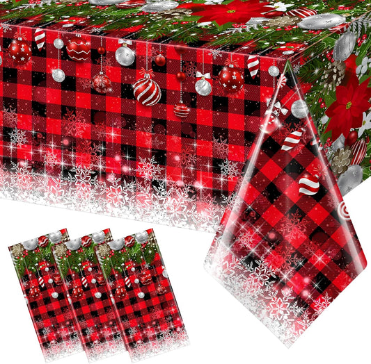 3Pcs Christmas Buffalo Plaid Snowflake Tablecloths,Plastic Red and Black Checkered Rectangle Christmas Tree Color Ball Table Cover for Winter Christmas New Year Holiday Party Decorations,54x108 inch
