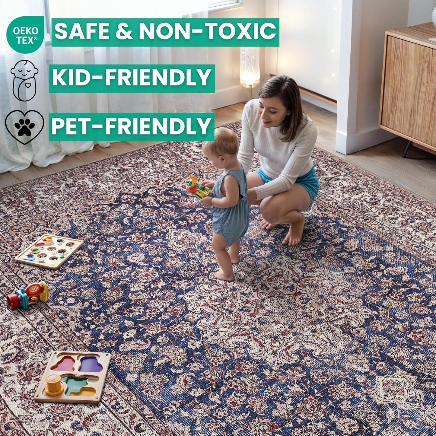 Bloom Rugs Washable Non-Slip 7 ft Runner - Dark Blue/Beige Traditional Medallion Runner for Entryway, Hallway, Bathroom, and Kitchen - Exact Size: 2.5' x 7'