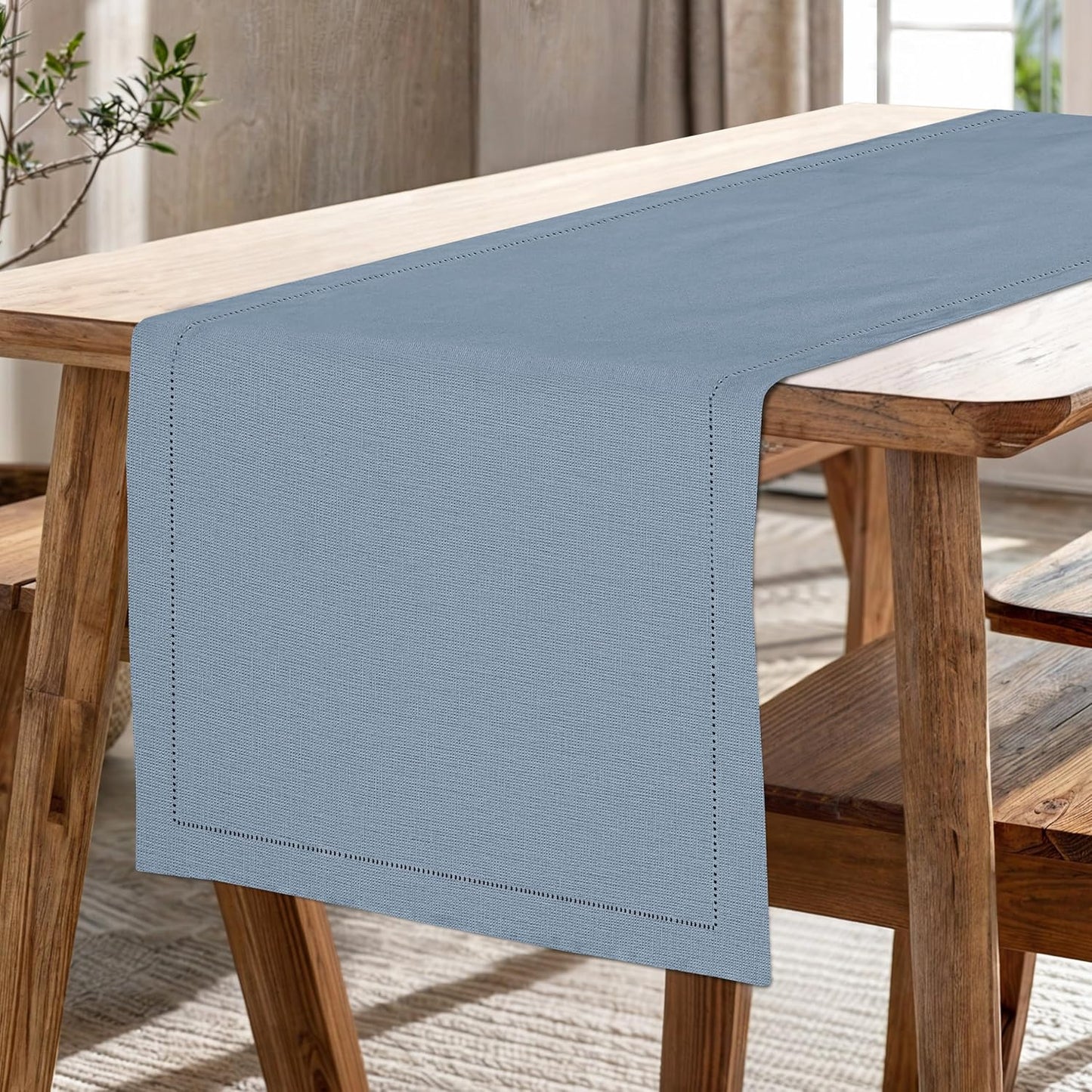 Ruvanti Linen Table Runner 60 Inches, Classic Hemstitch, Washable, Reusable, Non-Slipping, Stain Resistant- Perfect for Parties, Weddings, Dinners, Thanksgiving, Christmas, Indoor use – Grey