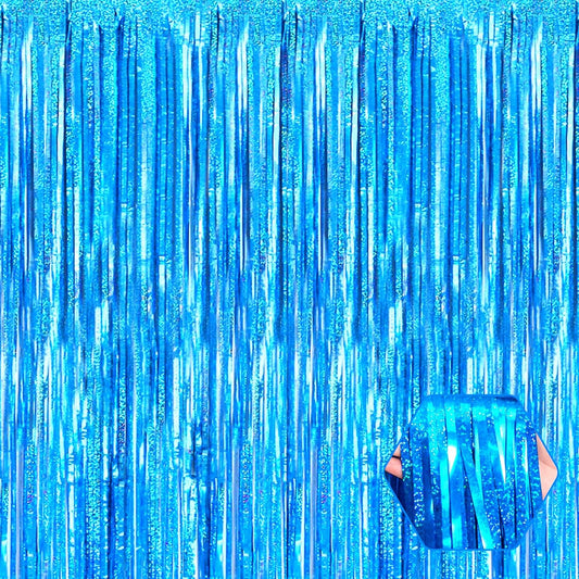 3 Pack Lake Blue Foil Fringe Curtain Backdrop, 3.28Ft x 8.2Ft Metallic Tinsel Foil Fringe Streamer Curtains for Photo Booth, Mother's Day, Easter, Birthday, Wedding Party Decorations
