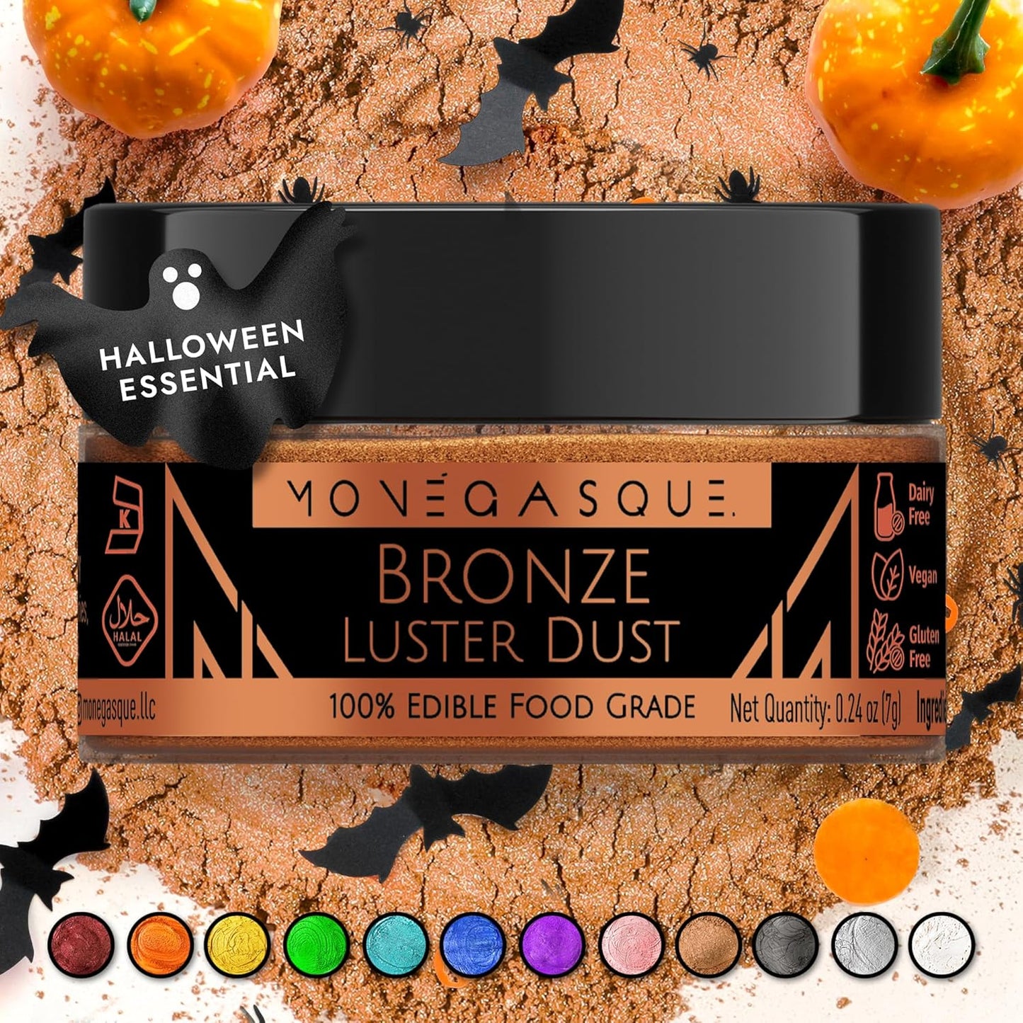 MONÉGASQUE Bronze Edible Glitter for Drinks 7g – Copper Edible Glitter for Cakes & Cocktails – Luster Dust for Drinks, Cocktail, & Chocolate – Drink Shimmering Bronze – Halloween Cake Decorations